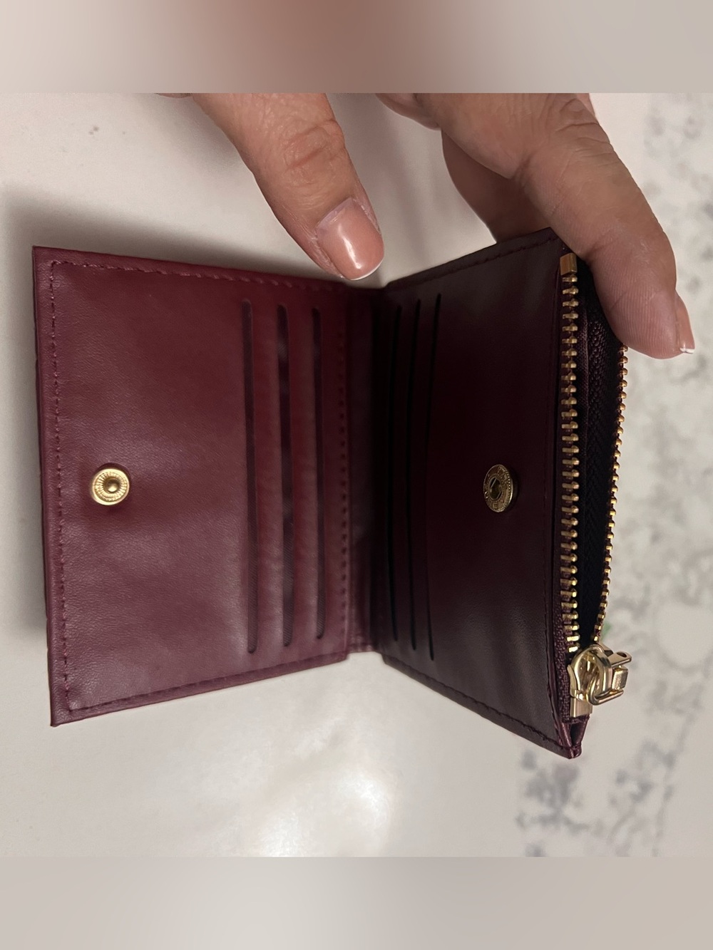 Badgley Mischka Quilted Card & Key Holder in Burgundy with Gold Hardware - Picture 7 of 8